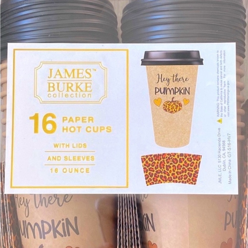 NEW! James Burke Collection 16 Paper Hot Cups Lids and Sleeves Pumpkin 16oz